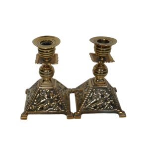 Pair of Squat Brass Candlesticks for TV, Film & Theatre production hire