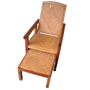Teak and Wicker Easy Chair With Pull Out Footstool for TV, Film & Theatre production hire