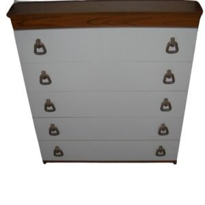 Bedroom 5 Drawer Chest in White & Teak for TV, Film & Theatre production hire
