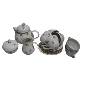 Kahla China Teacups & Saucers White With Pink Roses for TV, Film & Theatre production hire